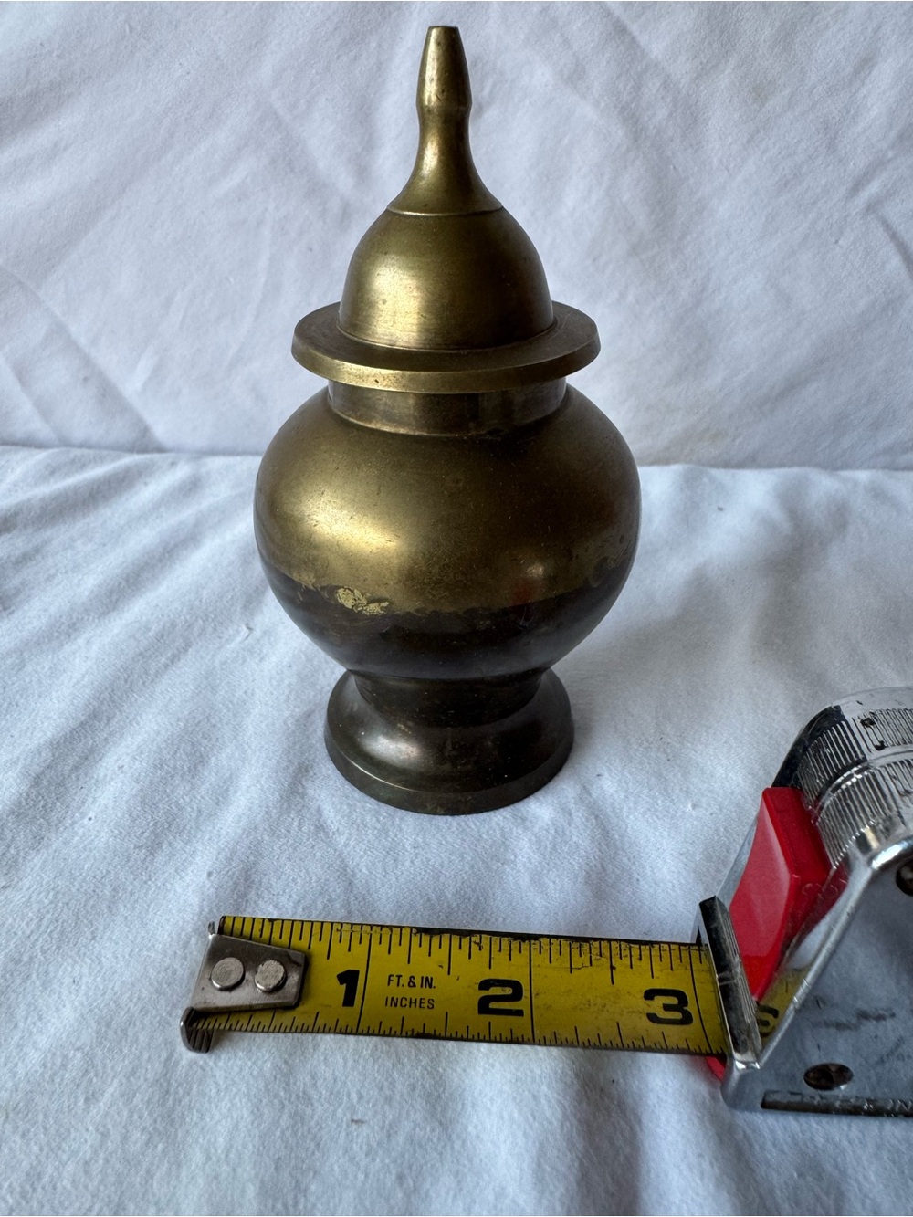 Brass Lidded Jar with Finial Lid, Stamped Marking, Approx 5 in Tall